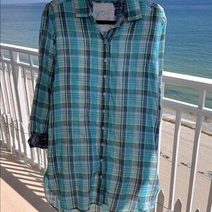 Fabulous soft plaid Blues and Green Plaid Button-Up Shirt.